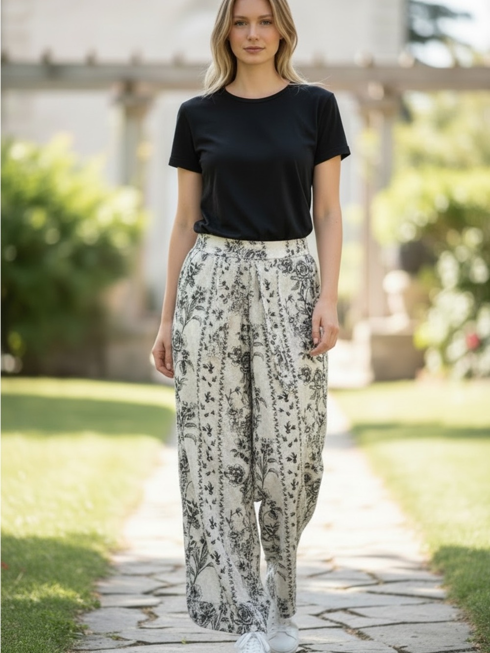 Joie Linen Floral Wide-Leg Pants High Waisted Black & White Size XL - Picture 3 of 8